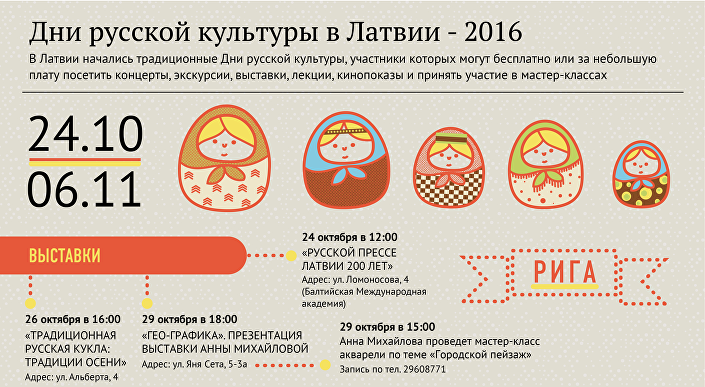 В Латвии начались традиционные Дни русской культуры, участники которых могут бесплатно или за небольшую плату посетить концерты, экскурсии, выставки, лекции, кинопоказы и принять участие в мастер-классах В Латвии начались традиционные Дни русской культуры, участники которых могут бесплатно или за небольшую плату посетить концерты, экскурсии, выставки, лекции, кинопоказы и принять участие в мастер-классах