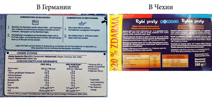 В рыбных палочках, продающихся в Германии, содержится 65% мяса морских рыб, выловленных у побережья Аляски. В рыбных палочках, поступающих на прилавки чешских магазинов, - 51% мяса рыб неизвестных пород и неясного происхождения В рыбных палочках, продающихся в Германии, содержится 65% мяса морских рыб, выловленных у побережья Аляски. В рыбных палочках, поступающих на прилавки чешских магазинов, - 51% мяса рыб неизвестных пород и неясного происхождения